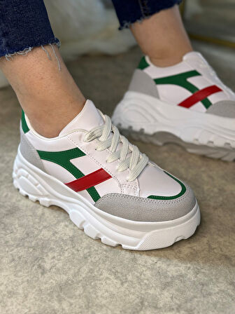 Günlük Kadın Sneaker Kalın Yüksek Taban Bağcıklı Rahat Tiger Şeritli Spor Ayakkabı 032