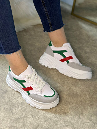 Günlük Kadın Sneaker Kalın Yüksek Taban Bağcıklı Rahat Tiger Şeritli Spor Ayakkabı 032