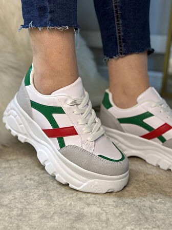 Günlük Kadın Sneaker Kalın Yüksek Taban Bağcıklı Rahat Tiger Şeritli Spor Ayakkabı 032