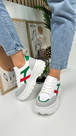 Günlük Kadın Sneaker Kalın Yüksek Taban Bağcıklı Rahat Tiger Şeritli Spor Ayakkabı 032