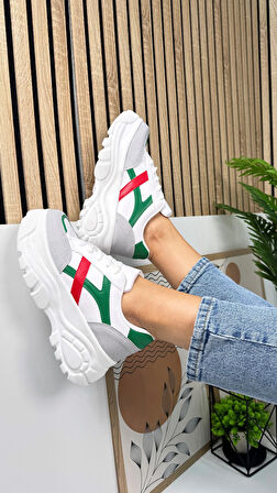 Günlük Kadın Sneaker Kalın Yüksek Taban Bağcıklı Rahat Tiger Şeritli Spor Ayakkabı 032