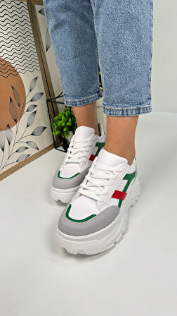 Günlük Kadın Sneaker Kalın Yüksek Taban Bağcıklı Rahat Tiger Şeritli Spor Ayakkabı 032