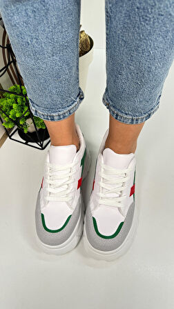 Günlük Kadın Sneaker Kalın Yüksek Taban Bağcıklı Rahat Tiger Şeritli Spor Ayakkabı 032