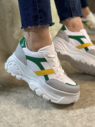 Günlük Kadın Sneaker Kalın Yüksek Taban Bağcıklı Rahat Tiger Şeritli Spor Ayakkabı 032