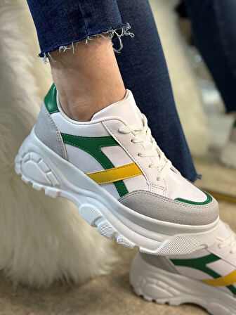 Günlük Kadın Sneaker Kalın Yüksek Taban Bağcıklı Rahat Tiger Şeritli Spor Ayakkabı 032