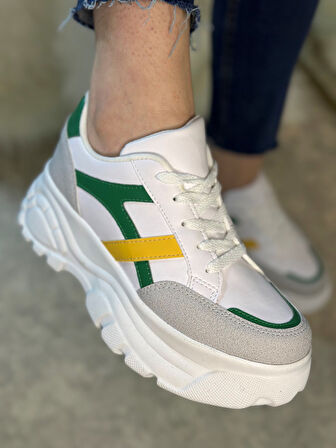 Günlük Kadın Sneaker Kalın Yüksek Taban Bağcıklı Rahat Tiger Şeritli Spor Ayakkabı 032