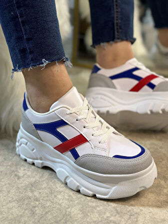 Günlük Kadın Sneaker Kalın Yüksek Taban Bağcıklı Rahat Tiger Şeritli Spor Ayakkabı 032