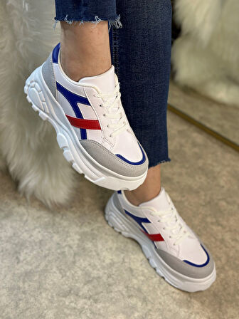 Günlük Kadın Sneaker Kalın Yüksek Taban Bağcıklı Rahat Tiger Şeritli Spor Ayakkabı 032