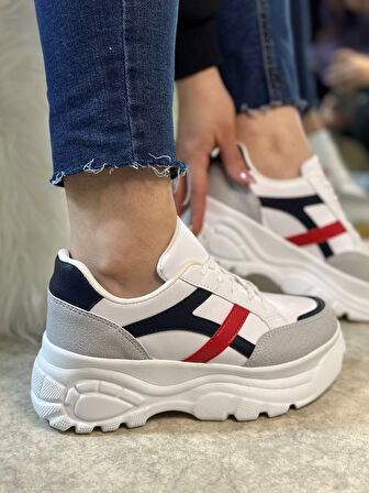 Günlük Kadın Sneaker Kalın Yüksek Taban Bağcıklı Rahat Tiger Şeritli Spor Ayakkabı 032