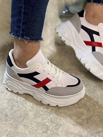 Günlük Kadın Sneaker Kalın Yüksek Taban Bağcıklı Rahat Tiger Şeritli Spor Ayakkabı 032