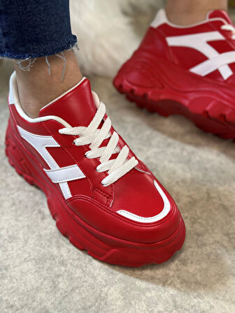 Günlük Kadın Sneaker Kalın Yüksek Taban Bağcıklı Rahat Tiger Şeritli Spor Ayakkabı 032