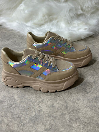 Günlük Kadın Sneaker Kalın Yüksek Taban Bağcıklı Rahat Tiger Şeritli Spor Ayakkabı 032