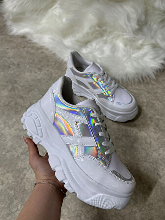 Günlük Kadın Sneaker Kalın Yüksek Taban Bağcıklı Rahat Tiger Şeritli Spor Ayakkabı 032