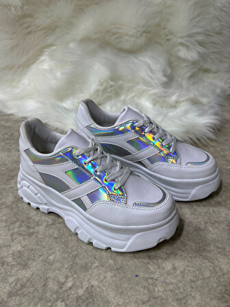 Günlük Kadın Sneaker Kalın Yüksek Taban Bağcıklı Rahat Tiger Şeritli Spor Ayakkabı 032