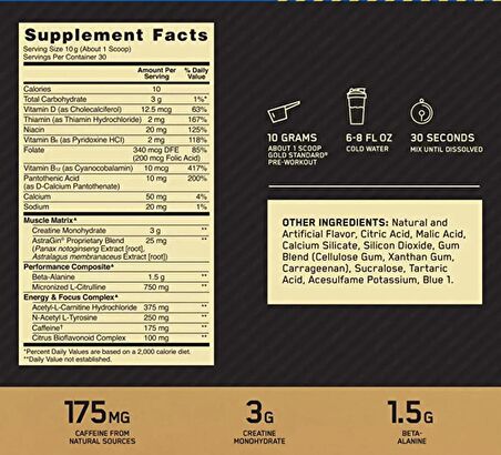 OPTIMUM NUTRITION GOLD STANDARD PREWORKOUT / 30 serv. 