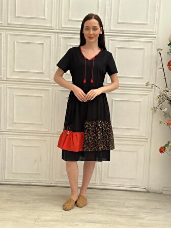 KADIN YAZLIK OTANTİK OYA İŞLEMELİ ASTARLI ELBİSE - 4536 - 2