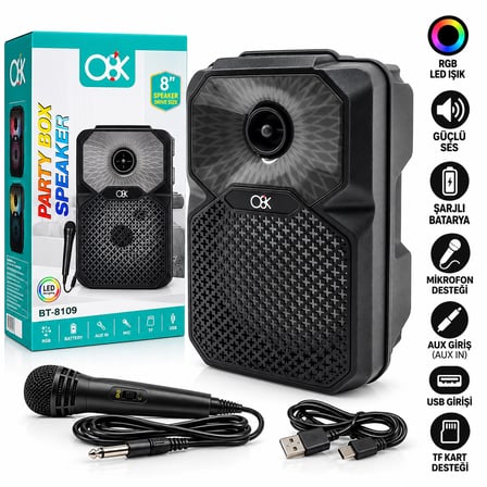 8 inç Bluetooth Mikrofonlu Karaoke Hoparlör (Şarjlı, RGB)