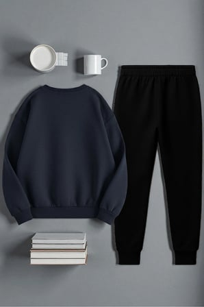 Unisex Kurdele Tasarım Baskılı Bisiklet Yaka Sweatshirt 2'li Eşofman Takımı