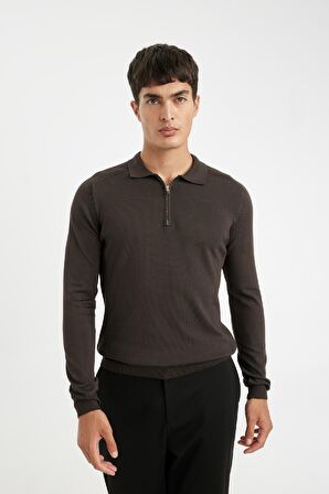 DeFacto Kahverengi Standart Fit Normal Kesim Fermuarlı Polo Yaka Triko Kazak D0621AX24AUBN497
