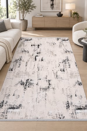 ASANA Krem Gri Modern Desenli Salon Oturma Odası Halısı Robot Süpürge Uyumlu Kolay Temizlenebilir Polyester Hali
