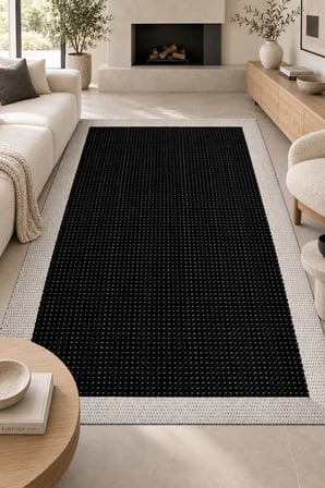 Oslo Modern Sisal Görünümlü Polyester Halı Siyah Ekru Robot Süpürge Uyumlu Kolay Temizlenebilir Mutfak Oturma Koridor