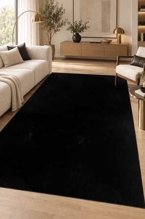 KOZEL Peluş Halı Siyah Yüksek Havlı Kaymaz Tabanlı Tüy Dökmez Ekstra Yumuşak Kabartmalı Polyester Halı