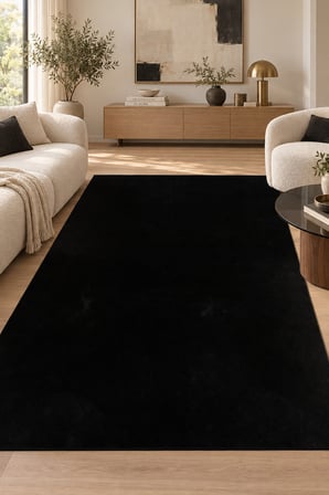 KOZEL Peluş Halı Siyah Yüksek Havlı Kaymaz Tabanlı Tüy Dökmez Ekstra Yumuşak Kabartmalı Polyester Halı
