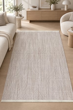 RUHUM Vizon Bej Oturma Odası Koridor Halısı Robot Süpürge Uyumlu Kolay Temizlenebilir İnce Polyester Hali