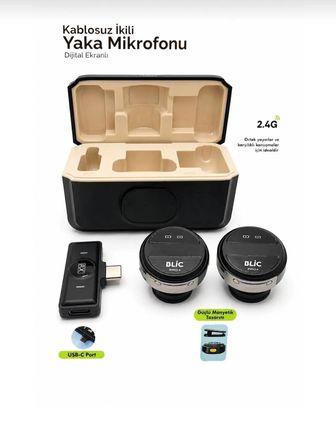 ​BWC-02 Dijital Ekranlı Kablosuz İkili Yaka Mikrofonu 2.4G (Type-C / Şarj Kutulu)