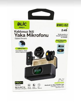 ​BWC-02 Dijital Ekranlı Kablosuz İkili Yaka Mikrofonu 2.4G (Type-C / Şarj Kutulu)