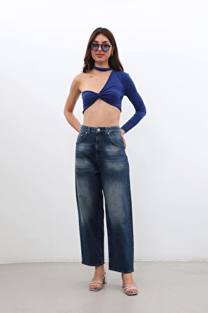 Kadın Yüksek Bel Skater Fit Jean Pantolon Lacivert