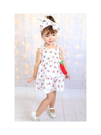 Kız Çocuk Kiraz Nakışlı Bandanalı  Çantalı Elbise Beyaz