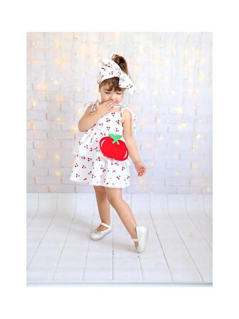 Kız Çocuk Kiraz Nakışlı Bandanalı  Çantalı Elbise Beyaz