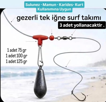 Gezerli Tek İğne Surf Takımı ( 1 Adet 75 GR - 1 Adet 100 GR - 1 Adet 125 GR )