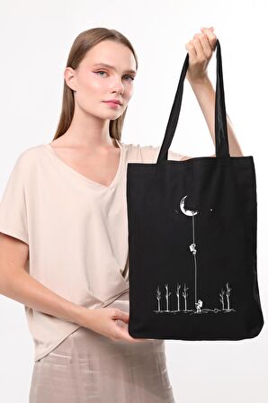 Siyah Kanvas Uzaydan İple İnen Astronot Baskılı Çanta