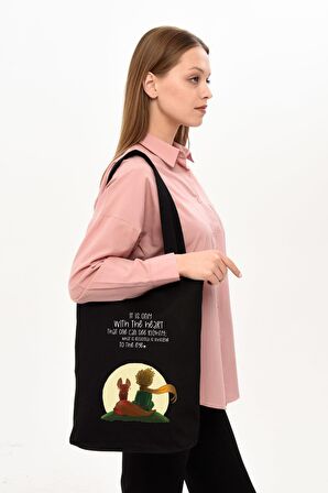 LITTLE PRINCE BASKILI SİYAH KANVAS ÇANTA