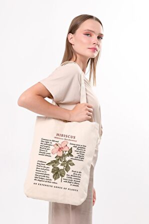 Siyah Kulplu Krem Kanvas Hibiscus Baskılı Bez Çanta