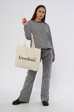 Freedom Baskılı Yatay Kanvas Çanta