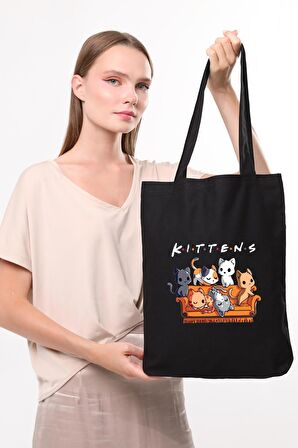 Siyah Kanvas Kittens Baskılı Çanta