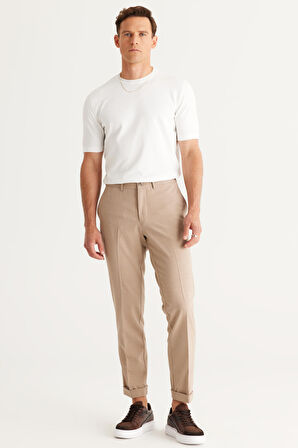 Erkek Bej Slim Fit Dar Kesim Beli Lastikli Esnek Pantolon