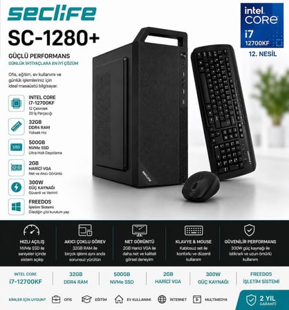 Seclife SC-1280+ i7-12700KF 32GB 500GB Nvme 2GB VGA 300W DOS PC