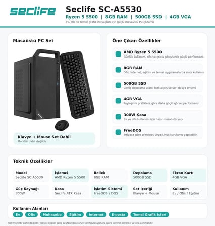 Seclife SC-A5530 Ryzen 5500 16GB 500GB Nvme 2GB VGA 300W DOS PC