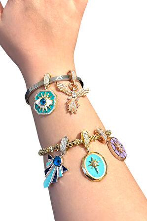 Yaşam Çiçeği Lotus Lacivert Mineli Rose Klipsli Kolye Ucu & Ajda Bilezik Charm | 925 Ayar Gümüş