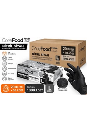 Corefood Nitril Siyah Eldiven Ekstra Kalın L Beden Power 3D Elmas Dokulu 1000 Adet koli