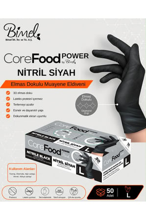 Corefood Nitril Siyah Eldiven Ekstra Kalın L Beden Power 3D Elmas Dokulu 1000 Adet koli