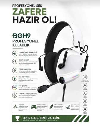 BLİC BGH9 Oyuncu Kulaklığı Beyaz RGB USB Type-C 40mm Sürücü Gürültü Engelleyici Mikrofon Kablolu
