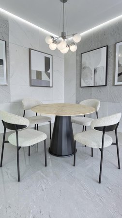 Lora Serisi 100 cm Yuvarlak Yemek Masası Takımı | MDF Üst, Metal Siyah Ayak | 4 Sandalye