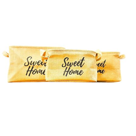 Sweet Home Jüt Hasır Ev Düzenleyici Mutfak Banyo Salon Sepeti Katlanır Sıvı Korumalı Üçlü Set