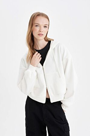 DeFacto Coool Standart Fit Kapüşonlu Basic Düz Kanguru Cepli Fermuarlı Sweatshirt Z7069AZ24WNWT32