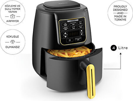 Karaca Air Pro Cook 3 In 1 Xl Ev Yemeği, Közleme, Sulu Yemek Tencereli Airfryer Black Gold 4 Kişilik